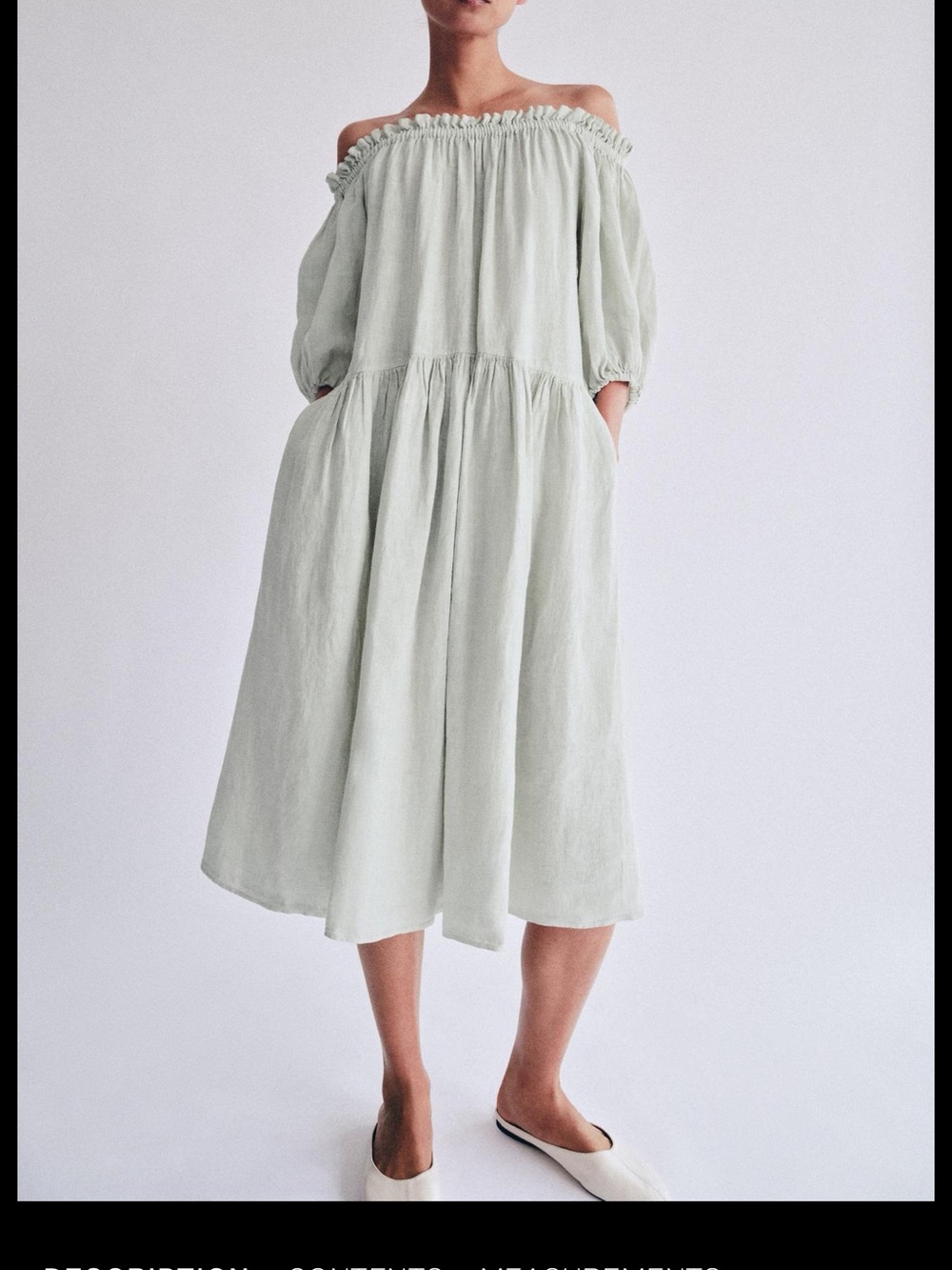 Off-Shoulder Light Sage Linen Midi Dress